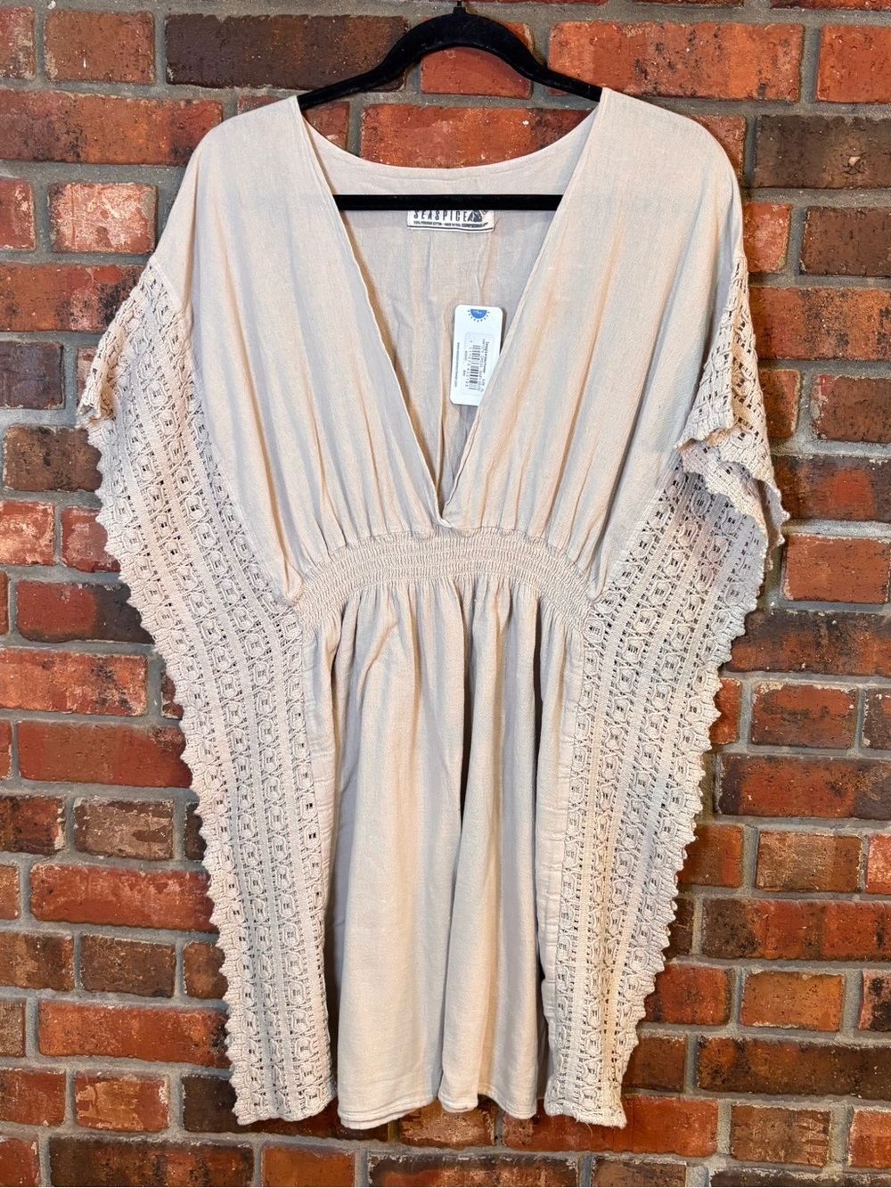 NWT Seaspice womens Isla crochet trim cover-up mini dress tan XL